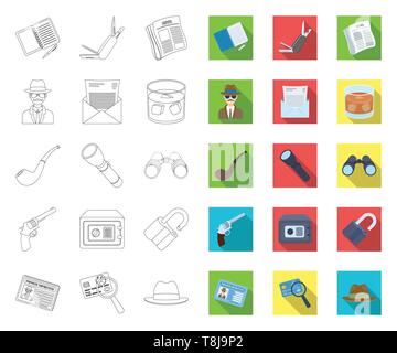 Detective and Attributes outline,flat icons in set collection for design.Detective Agency vector symbol stock  illustration. Stock Vector