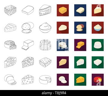 Different kind of cheese outline,flat icons in set collection for design.Milk product cheese vector symbol stock  illustration. Stock Vector