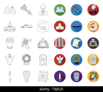 Funeral ceremony outline,flat icons in set collection for design. Funerals and Attributes vector symbol stock  illustration. Stock Vector