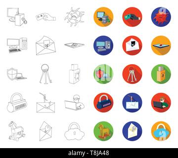 Hacker and hacking outline,flat icons in set collection for design. Hacker and equipment vector symbol stock  illustration. Stock Vector