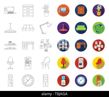 Interior of the workplace outline,flat icons in set collection for design. Office furniture vector symbol stock  illustration. Stock Vector