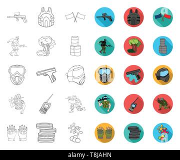 Paintball, team game outline,flat icons in set collection for design. Equipment and outfit vector symbol stock  illustration. Stock Vector