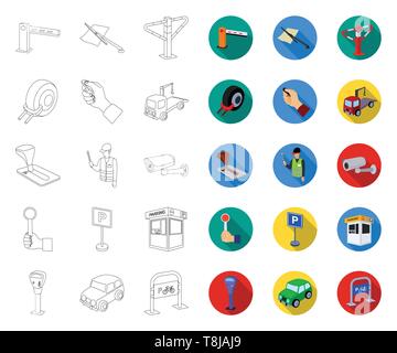 Parking for cars outline,flat icons in set collection for design. Equipment and service vector symbol stock  illustration. Stock Vector
