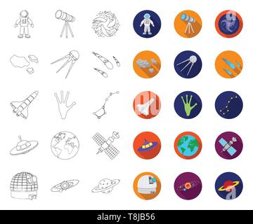 Space technology outline,flat icons in set collection for design.Spacecraft and equipment vector symbol stock  illustration. Stock Vector