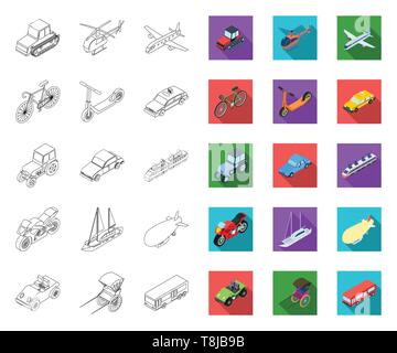 Different types of transport outline,flat icons in set collection for design. Car and ship isometric vector symbol stock  illustration. Stock Vector