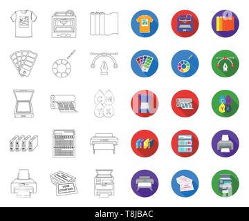 Typographical products outline,flat icons in set collection for design. Printing and equipment vector symbol stock  illustration. Stock Vector