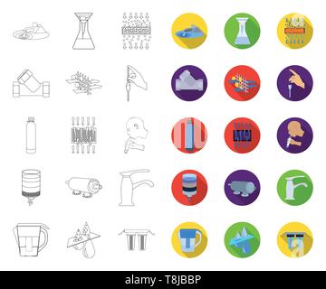 Water filtration system outline,flat icons in set collection for design. Cleaning equipment vector symbol stock  illustration. Stock Vector