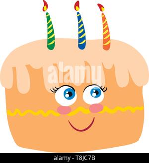 A color illustration of a cake with three candles, vector, color drawing or illustration. Stock Vector
