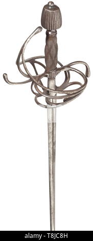 A German rapier, circa 1600 Slender thrusting blade of flattened hexagonal section and with fullers for half its length on both sides. Iron swept hilt with a small repair. Grip with iron wire winding and Turk's heads. Slightly conical grooved pommel. Length 102 cm. historic, historical, sword, swords, weapons, arms, weapon, arm, fighting device, military, militaria, object, objects, stills, clipping, clippings, cut out, cut-out, cut-outs, melee weapon, melee weapons, metal, 17th century, Additional-Rights-Clearance-Info-Not-Available Stock Photo