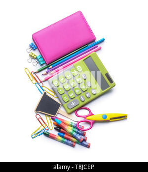 Composition with different school stationery and calculator on white background Stock Photo