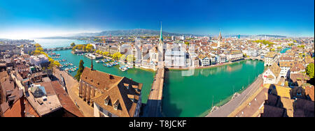 Zurich and Limmat river waterfront aerial panoramic view, largest city in Switzerland Stock Photo