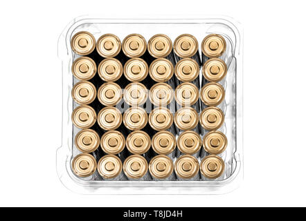 Horizontal shot looking down at a new case of AA batteries.  Isolated on white with copy space. Stock Photo