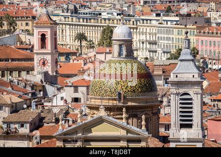 France, Alpes Maritimes, Nice, Old Nice district, dome of the Sainte Reparate Cathedral and Tour de l'Horloge on the left Stock Photo