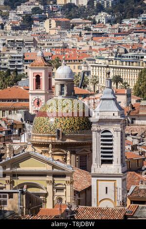 France, Alpes Maritimes, Nice, Old Nice district, dome of the Sainte Reparate Cathedral and Tour de l'Horloge on the left Stock Photo