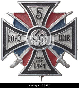 A Cross of the 5th Don Cossack Cavalry Regiment Struck aluminium, painted in multi-colours, the reverse with magnetic pin attachment. Undoubtedly an awarded piece with striking errors typical for an original. Extremely rare. Weight 9 g. historic, historical, awards, award, German Reich, Third Reich, Nazi era, National Socialism, object, objects, stills, medal, decoration, medals, decorations, clipping, cut out, cut-out, cut-outs, honor, honour, National Socialist, Nazi, Nazi period, 20th century, Editorial-Use-Only Stock Photo