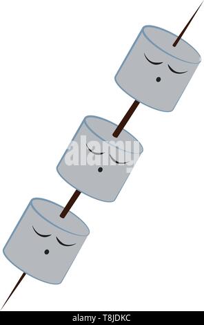 Three marshmallows on a single black colored stick, vector, color drawing or illustration. Stock Vector