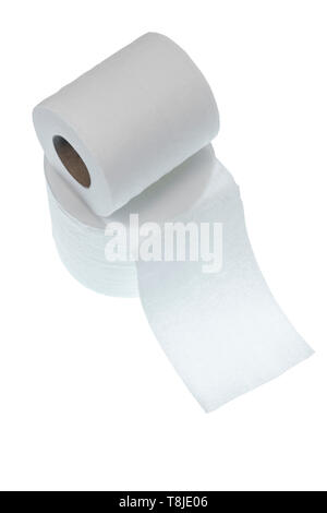 Vertical shot of two rolls of toilet paper stacked one on top of the other.  Isolated on white with copy space. Stock Photo