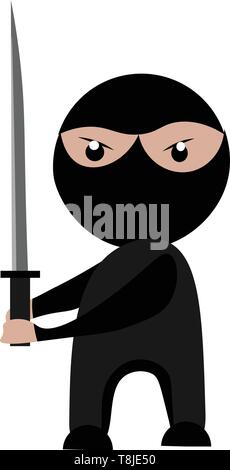 Ninja boy, holding sword, wearing mask, vector, color drawing or illustration. Stock Vector