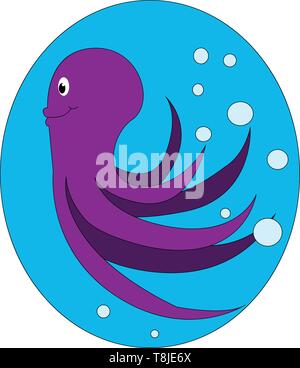 Purple octopus in water with smiling face and bright eyes, vector, color drawing or illustration. Stock Vector