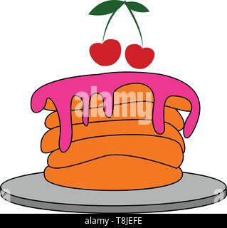 Orange colored five layered pancake with purple colored cream on top and two apples with leaves placed on a dish, vector, color drawing or illustratio Stock Vector