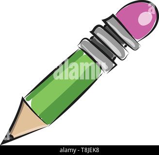 Green small pencil with pink eraser, sharp lead, vector, color drawing or illustration. Stock Vector