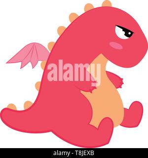 Cute little pink dinosaur with big eyes, two short arms, two short legs, one small tail with wings, vector, color drawing or illustration. Stock Vector