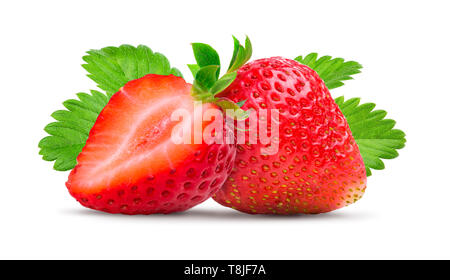 Two ripe strawberrys with green leaves isolated on white background macro shot Stock Photo