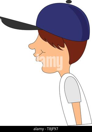 A purple cap with a long black flap worn by a boy, vector, color drawing or illustration. Stock Vector