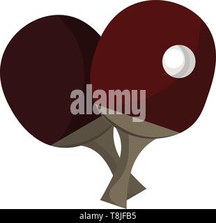 Two brown colored oval rackets with grey handle and white ball for table tennis, vector, color drawing or illustration. Stock Vector