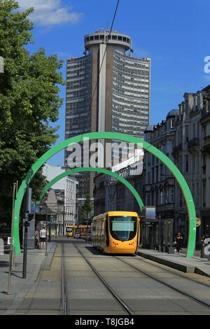 France, Haut Rhin, Mulhouse, President Kennedy Avenue, The tramway and the metal arches of Buren Stock Photo