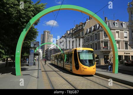 France, Haut Rhin, Mulhouse, President Kennedy Avenue, The tramway and the metal arches of Buren Stock Photo