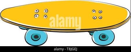 A yellow colored skateboard with four blue wheels, vector, color drawing or illustration. Stock Vector