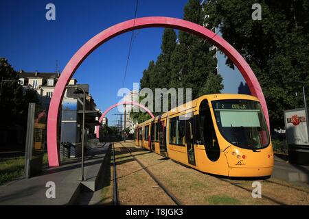 France, Haut Rhin, Mulhouse, the new basin, Boulevard de l'Europe, the tramway and the metal arches of Buren Stock Photo