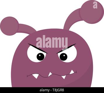 A purple angry monster with horn, crossed-eyed, teeth exposed, mouth closed, vector, color drawing or illustration. Stock Vector