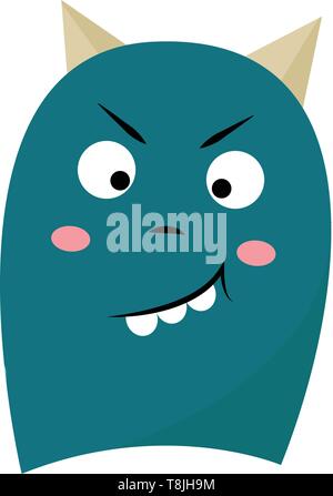 Blue monster with horns and menacing look, vector, color drawing or illustration. Stock Vector