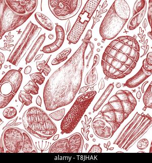 Retro vector meat products seamless pattern. Hand drawn ham, sausages,  steak, jamon, spices and herbs. Raw food ingredients. Vintage illustration.  Can Stock Vector Image & Art - Alamy