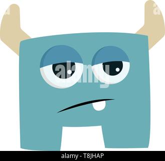 Blue tired monster with horns, vector, color drawing or illustration. Stock Vector