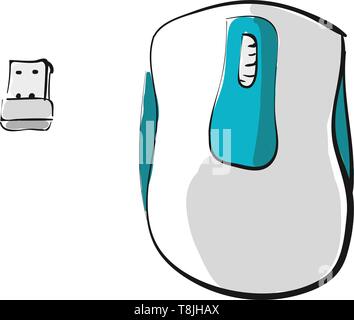A white wireless mouse with blue accents and it's receiver, vector, color drawing or illustration. Stock Vector