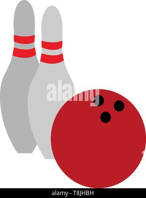 Red bowling ball with two bowling pins, vector, color drawing or illustration. Stock Vector