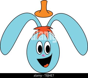 A drawing of a blue bunny that has brown hair. It is wearing a brown hat, its mouth is open wide with a smile, has round eyes, purple nose and long bl Stock Vector