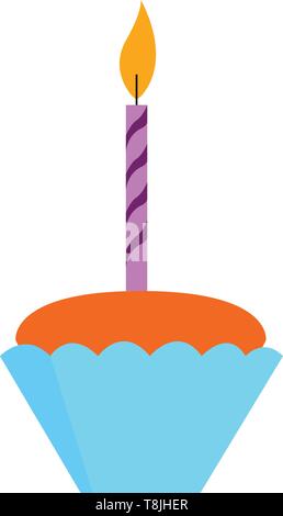 Drawing of a brown cupcake on a blue cupcake paper and has a purple stripes candle on top that is lit., vector, color drawing or illustration. Stock Vector