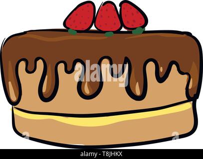 A chocolate cake with strawberries on top, with brown icing, vector, color drawing or illustration. Stock Vector