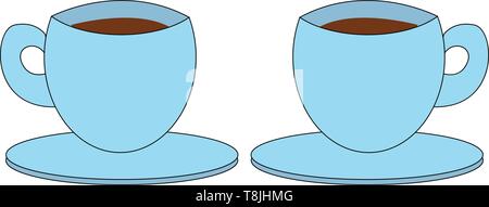 Two blue coffee cups with saucers; with handle, with brown coffee, vector, color drawing or illustration. Stock Vector