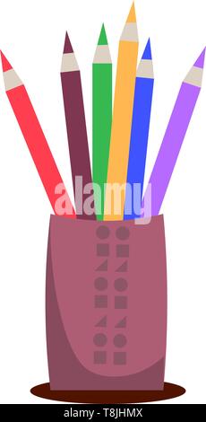 Colored pencils in a pink canister with design, vector, color drawing or illustration. Stock Vector