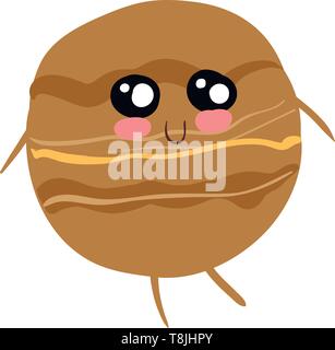 Jupiter with stipes in different brown color shades. It has a face with black and white eyes, pink cheeks and purple lips. It also has hands and legs. Stock Vector