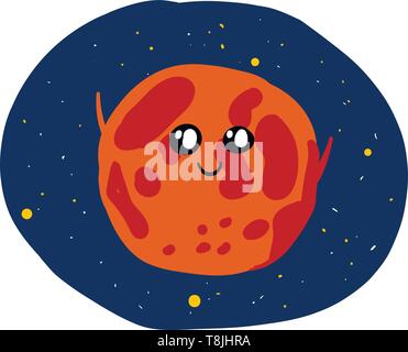 Red and orange mars with face on a dark blue with stars background., vector, color drawing or illustration. Stock Vector