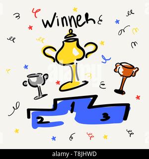 Cups on the pedestal. Gold, silver, bronze. Business and sports victories. Vector illustration in the style of sketch or doodle. Confetti and Stock Vector