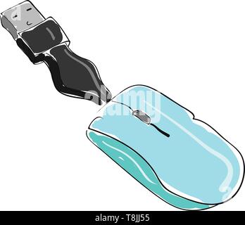 A green computer mouse with black USB, vector, color drawing or illustration. Stock Vector