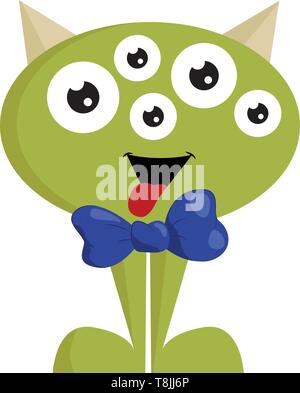 Green monster with blue bow, with lots of eyes, with red tongue, with two horns and two feet, vector, color drawing or illustration. Stock Vector