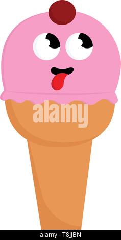 Pink ice cream with face on a cone, cherry on top, two big eyes, red tongue, vector, color drawing or illustration. Stock Vector